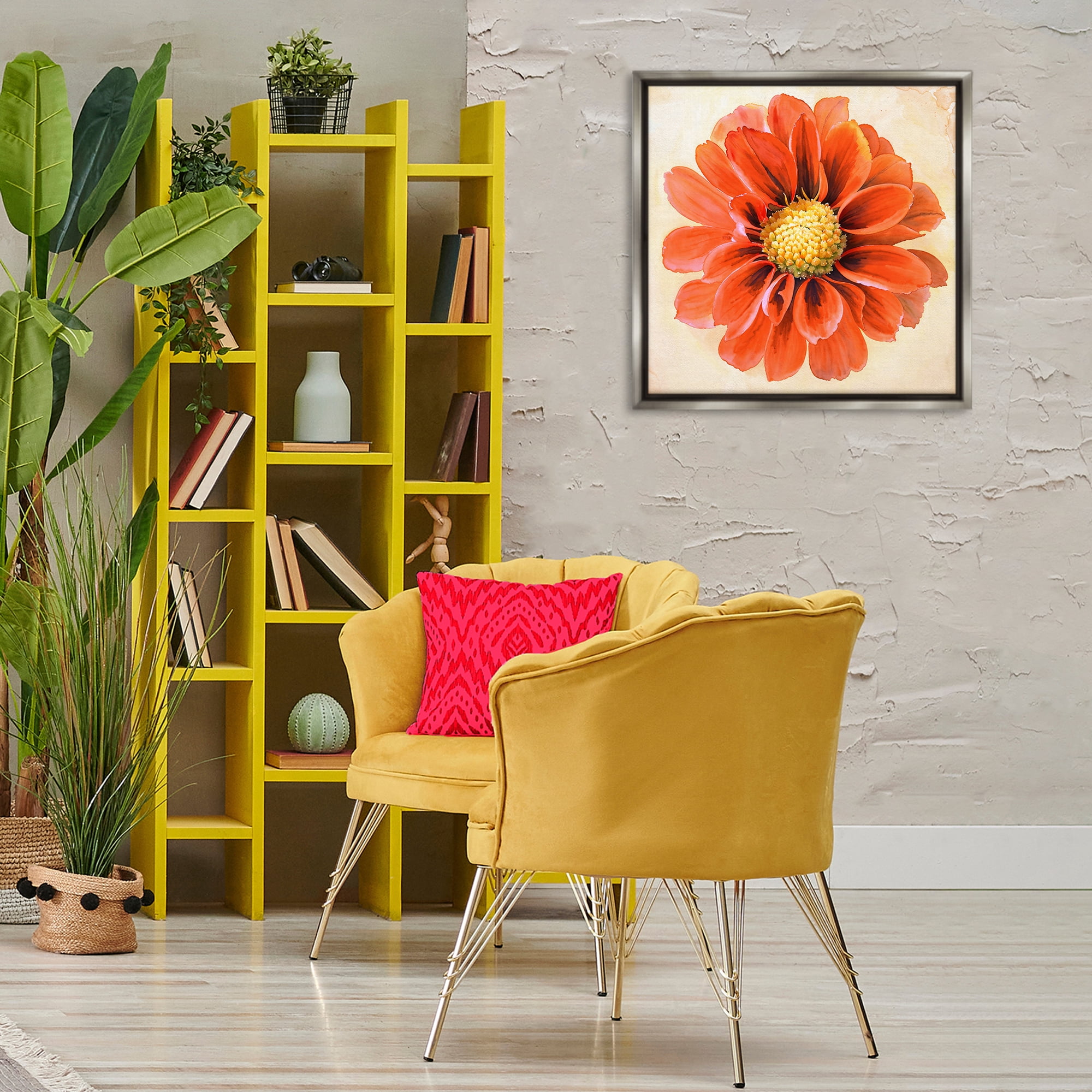 Stupell Industries Orange Dahlia Bloom Plants & Flowers Painting Gray Floater Framed Canvas Art Print Wall Art, 25 x 25
