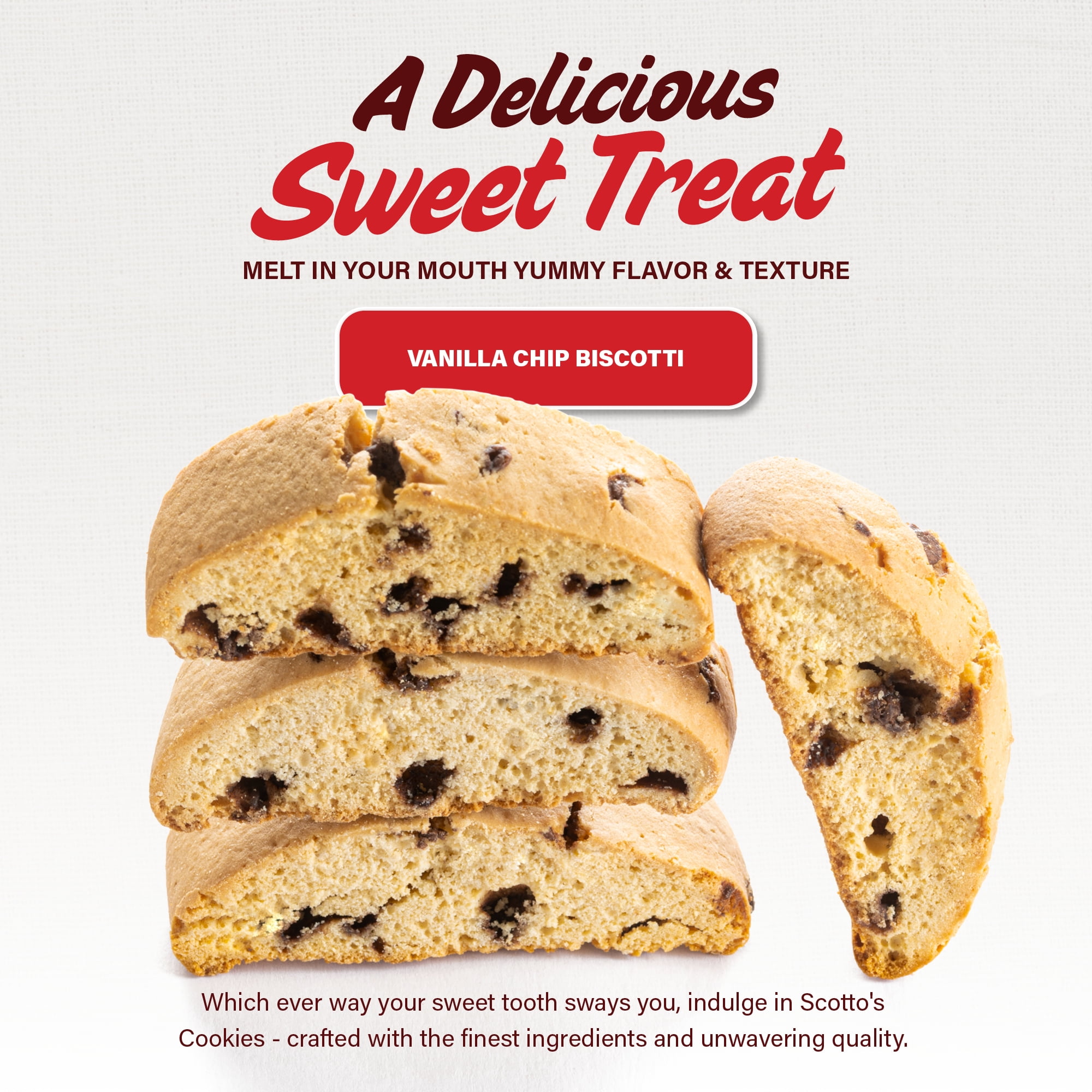 Scotto's Biscotti Italian Cookies Pack of 24 , Chocolate Chip Biscotti Individually Wrapped Ready to Eat Snack