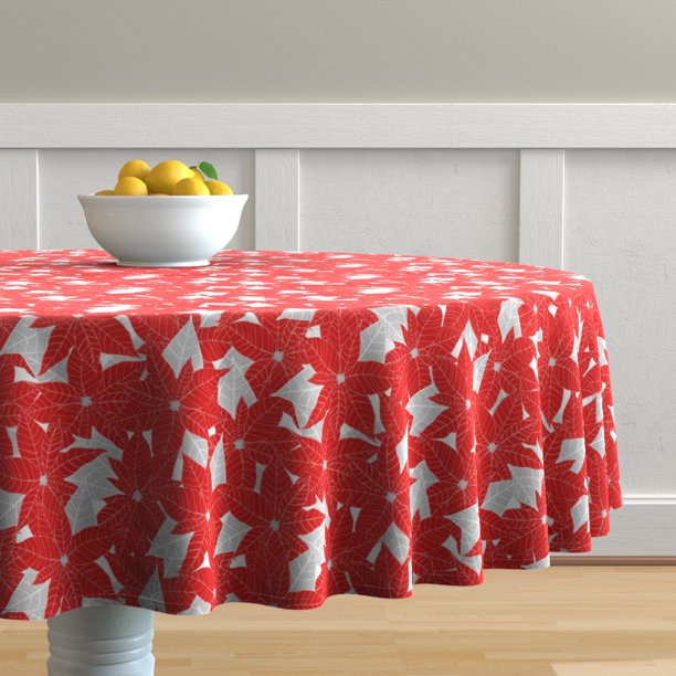 Round Tablecloth Holiday Christmas Floral Poinsettias Red Cotton Sateen