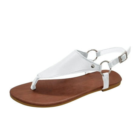 

Ladies Fashion Solid Color Leather Flip Flops All Casual Buckle Flat Sandals