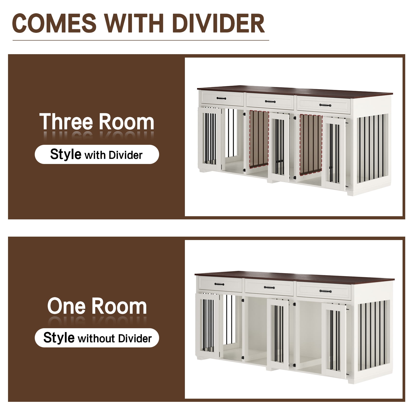 Jenser Multi-Functional 3-Door 72" Wooden Furniture Style Crate for Dogs with 2 Dividers