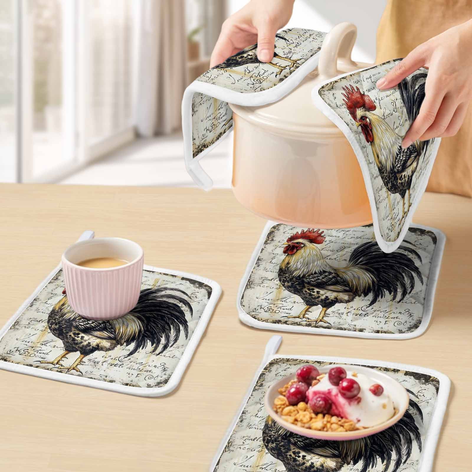Vintage Rooster Pot Holders for Kitchen Heatproof Potholder, 4 Pack Watercolor Black Yellow Farmhouse Animals Hot Pads Multipurpose Oven Pads Cloth Potholders Trivet for Cooking and Baking