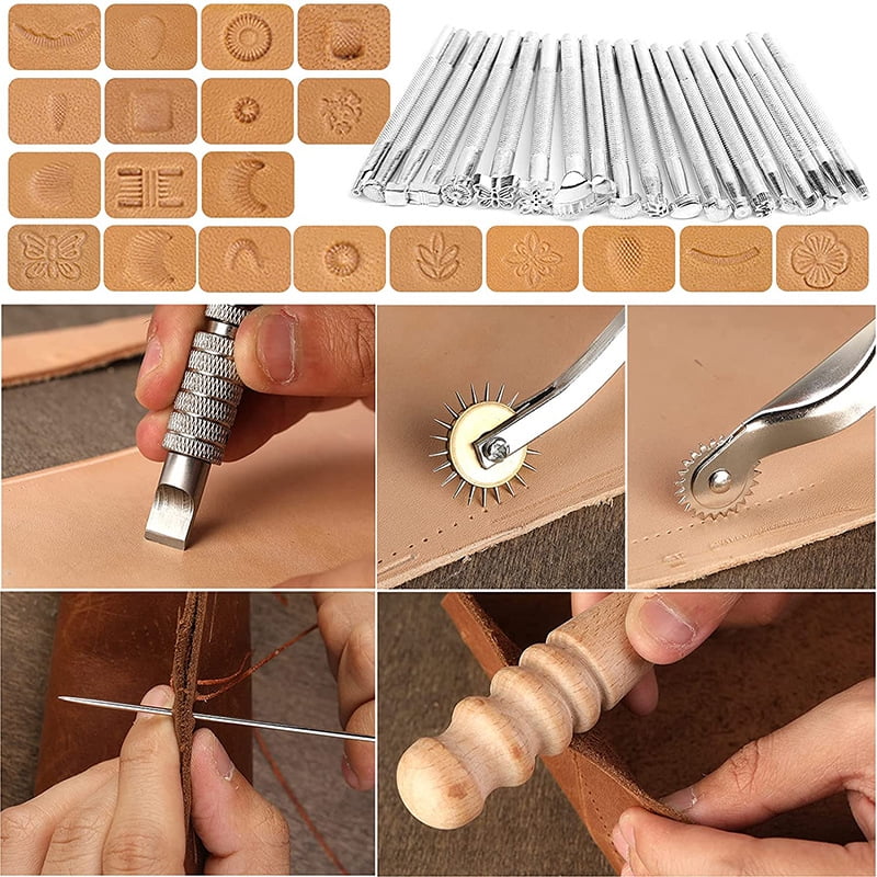 59PCS Leather Working Tools Set with Leather Tool Box Prong Punch Edge Beveler Wax Ropes Needles Perfect for Stitching Punching Cutting Sewing Leather Craft Making