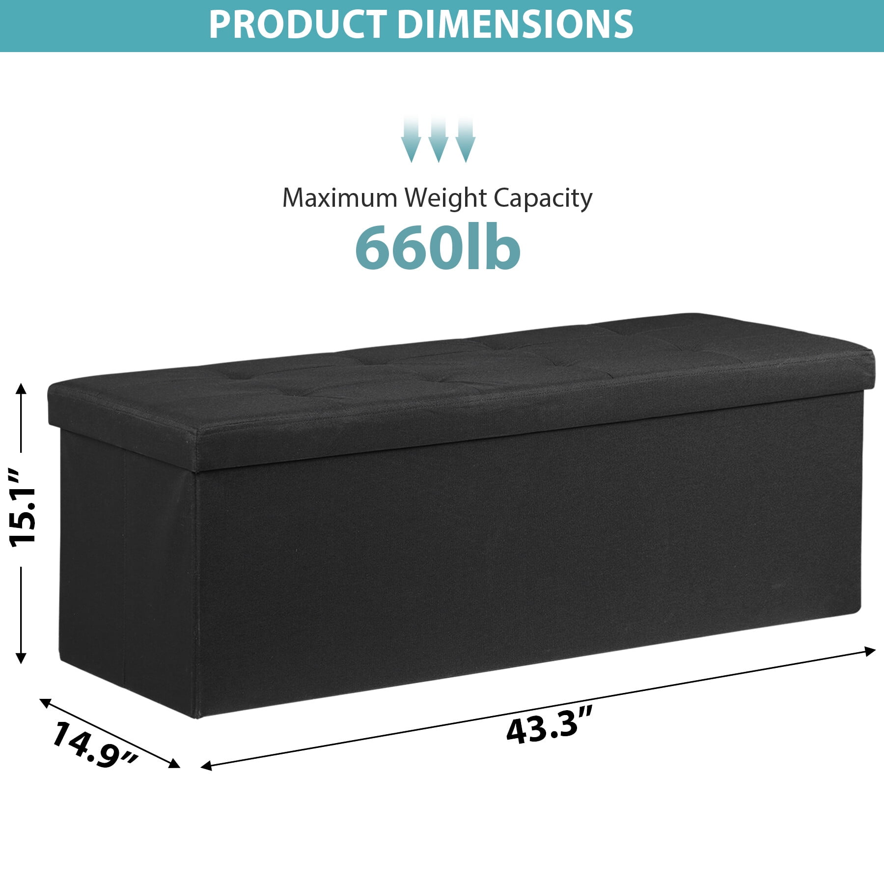 HomGarden 43'' Linen Storage Ottoman Bench, Foldable Footrest Stool W/ Divider, Black