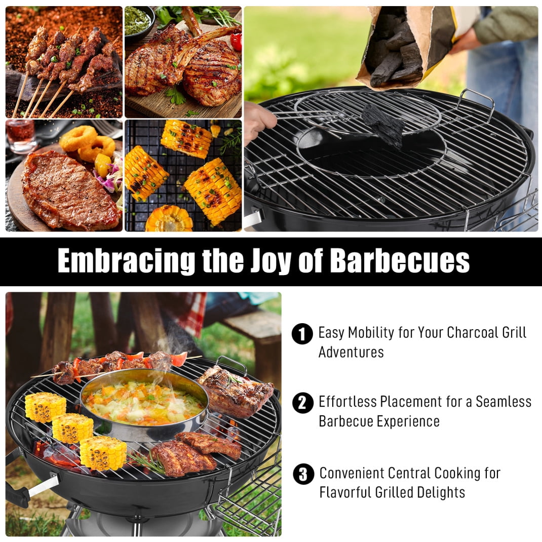 28 inch Charcoal Grill, Portable BBQ Grill with Wheels, Storage Holder, Porcelain-Enameled Lid, Ash Catcher & Thermometer, Round Barbecue Grill for Outdoor Backyard Camping