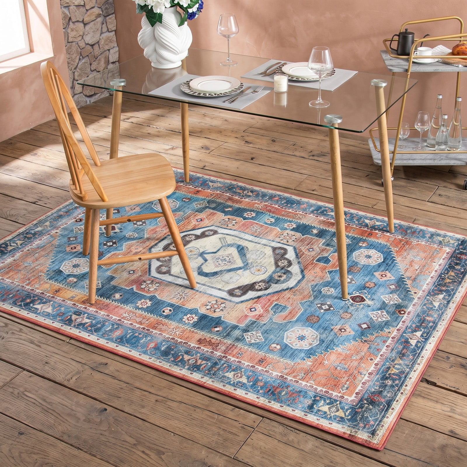 ALPULON 5 x 7 Feet Non-Shedding Distressed Vintage Area Rug, Non-Slip Waterproof Indoor Floor Carpet for Living Room Bedroom Dining Room Entryway, Multicolor