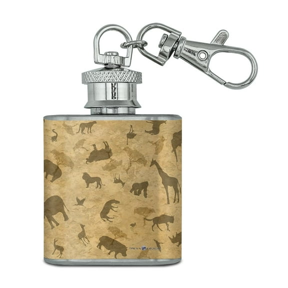 Africa Animal Silhouettes All Over Pattern Stainless Steel 1oz Mini Flask Key Chain
