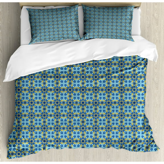 Yellow and Blue Queen Size Duvet Cover Set, Middle East Pattern Medieval Moroccan Stars with Squares, Decorative 3 Piece Bedding Set with 2 Pillow Shams, Violet Blue Pale Blue Yellow, by Ambesonne
