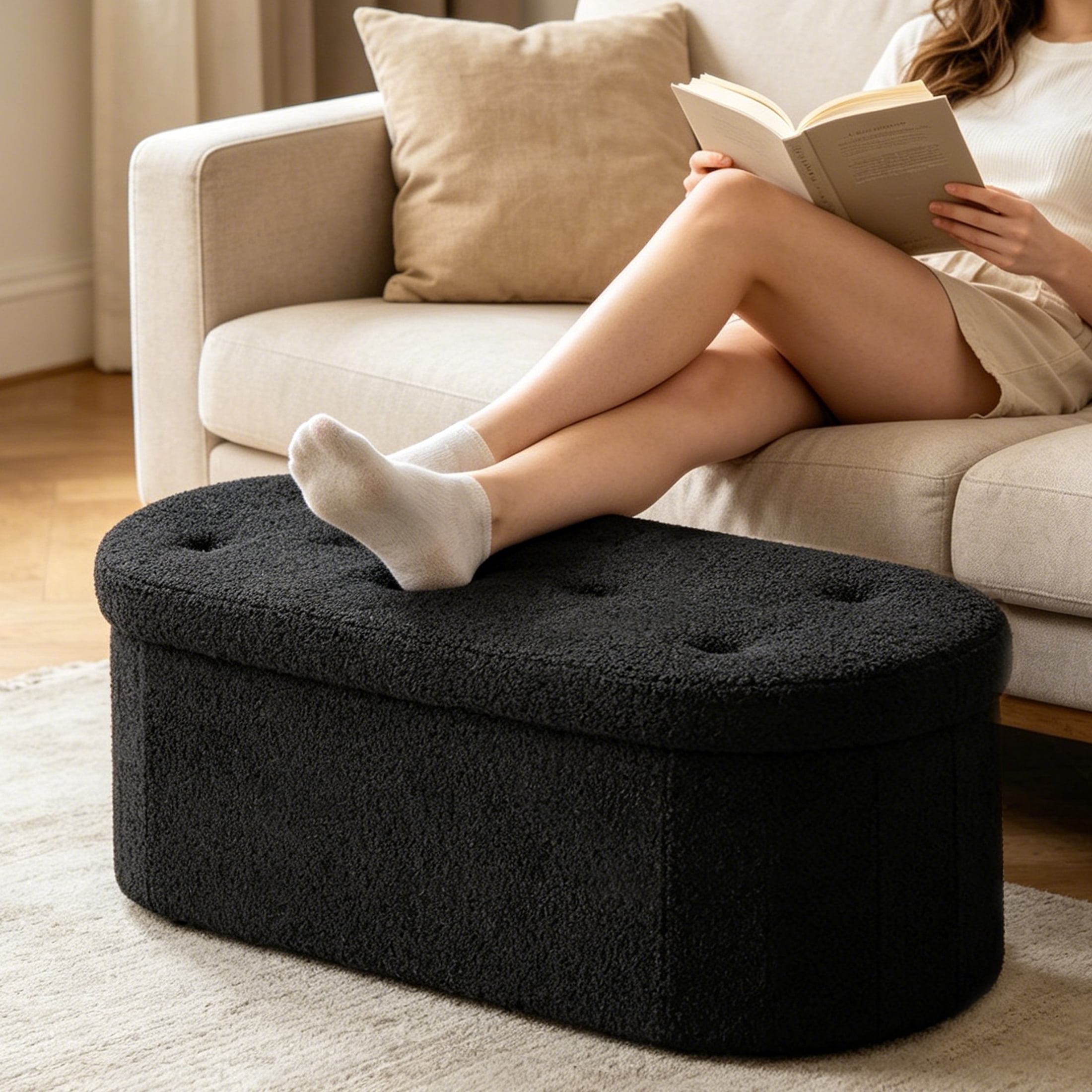 CONCETTA 43in Ottoman with Storage, Folding Foot Rest for Living Room & Bedroom, Versatile Home Bench, Black