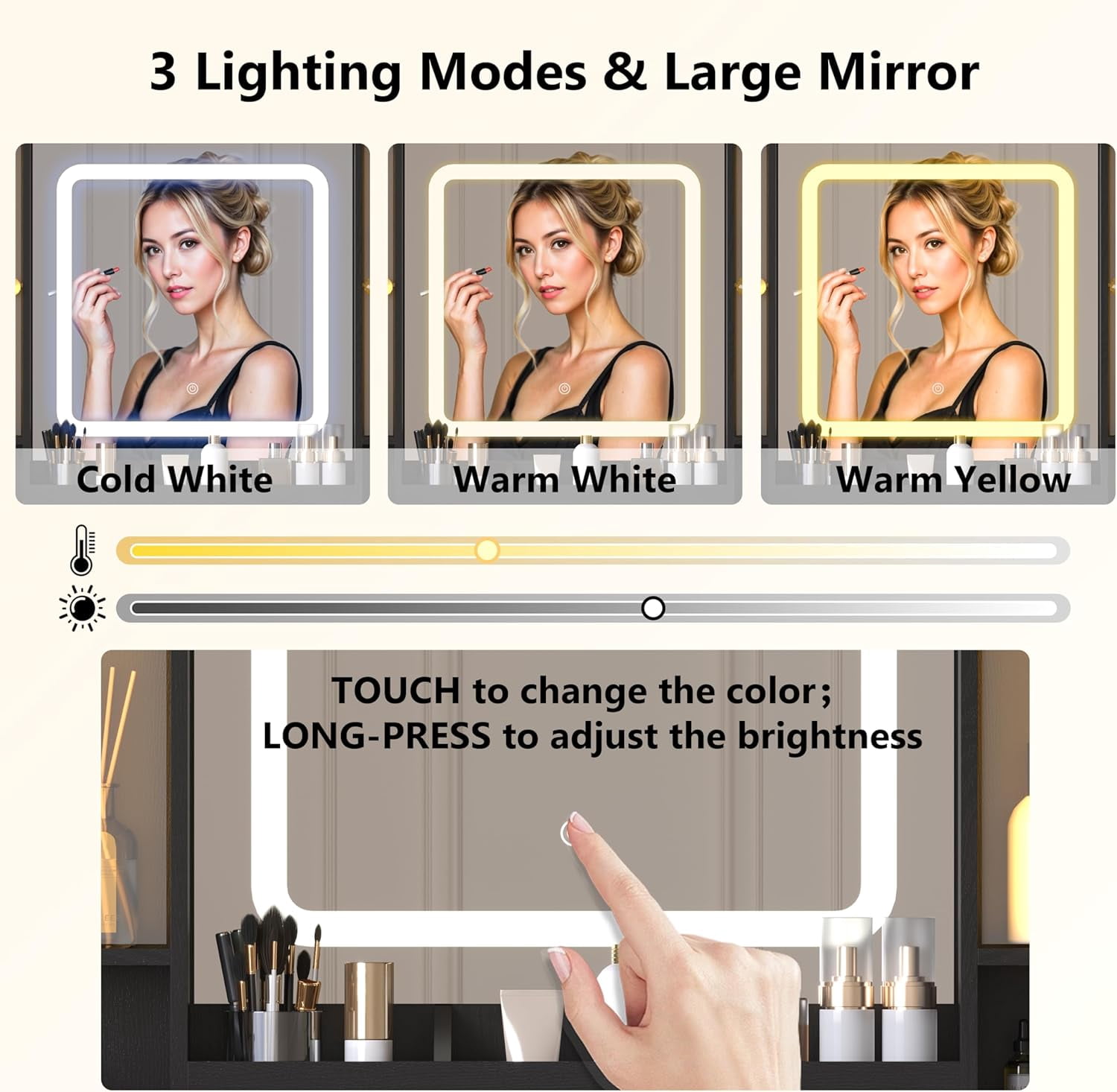 FANRAL Large Vanity Desk with LED Lighted Mirror & RGB Glass Cabinets,Built-in Charging Station & 7 Drawers,Modern Dressing Table for Bedroom Beauty Spaces,Black Vanity