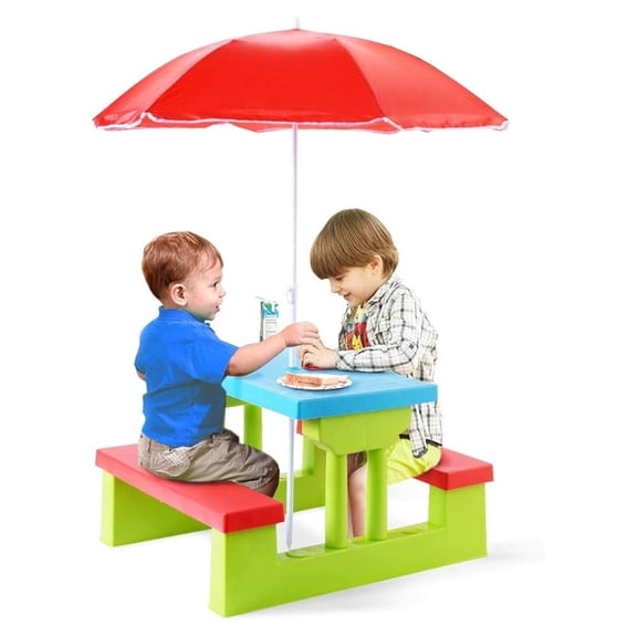 Kids Picnic Table, Toddler Plastic Outdoor Table & Set with Umbrella, Children Patio Furniture Set for Backyard Garden, Kids Picnic Tables for Outdoors, Gift for Boys Girls Age 3