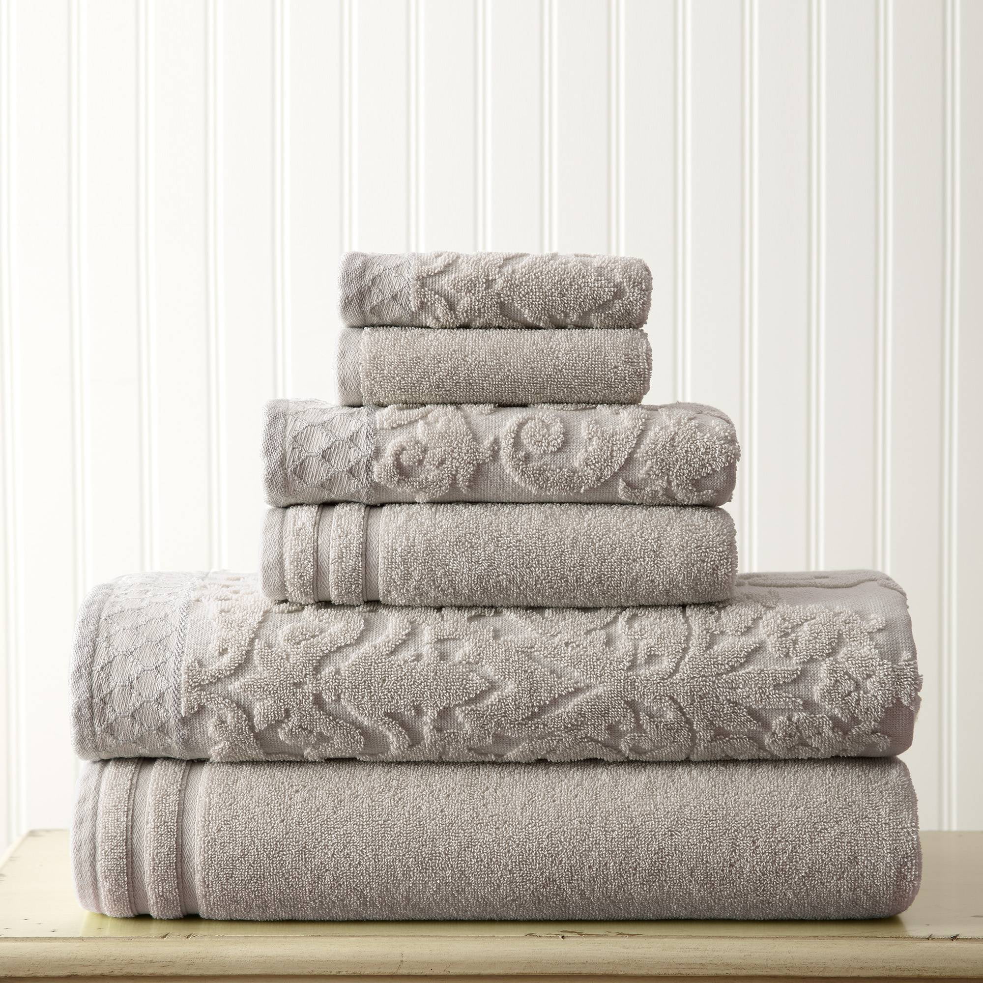 Mix Jacquard Border 6 Piece Bath Towel Set, Gray