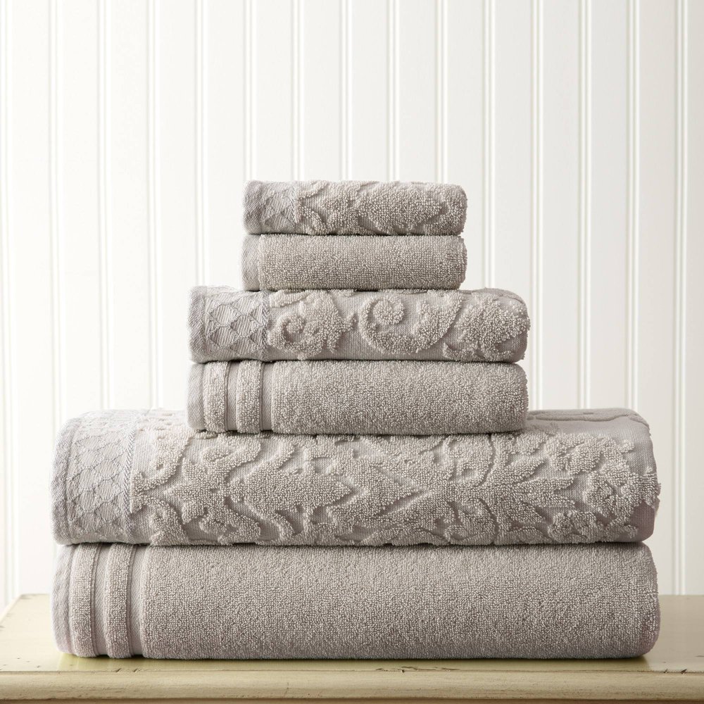 Mix Jacquard Border 6 Piece Bath Towel Set, Gray
