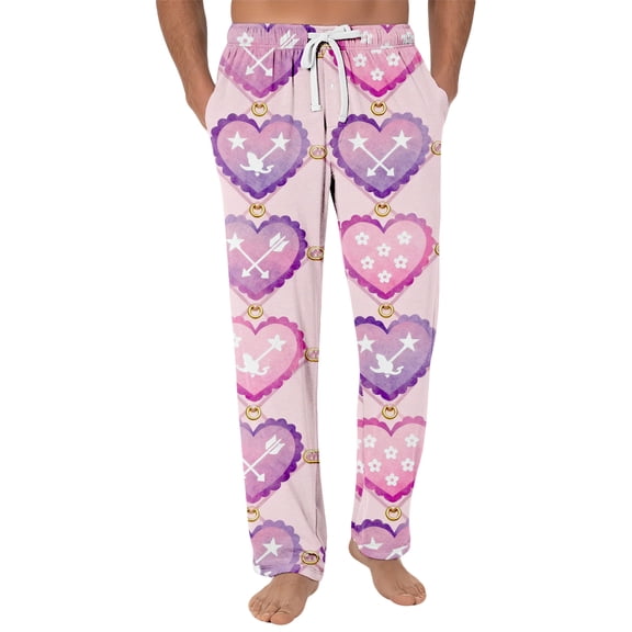 Fgvctg Mens Pajama Pants Valentine's Day Plus Size Wide Leg Sleepwear Pajamas Pant Soft Love Heart Print High Waisted Pj Fall Spring Drawstring Lounge Pants with Pockets Light Purple 2XL