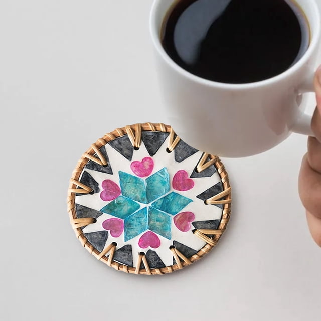TIMIFIS Wooden Seashell Coasters, Home Decor Rattan Ceramic Heat Insulating Saucer Seashell Floral Pattern Saucer Tea Saucer Coffee Table Hand Woven Non Scaldable Seashell Mats