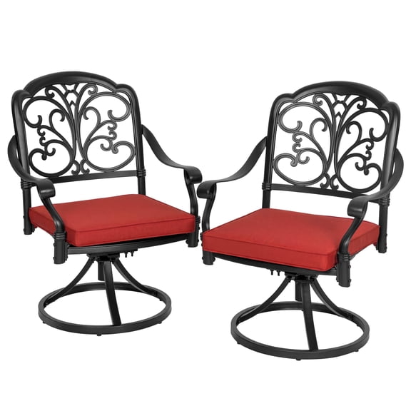 Nuu Garden Patio Dining Chairs Set of 2, Outdoor Patio Chair with Removable Red Cushions and 360-Degree Swivel Base, All-Weather Cast Aluminum Chairs for Garden Poolside, Black