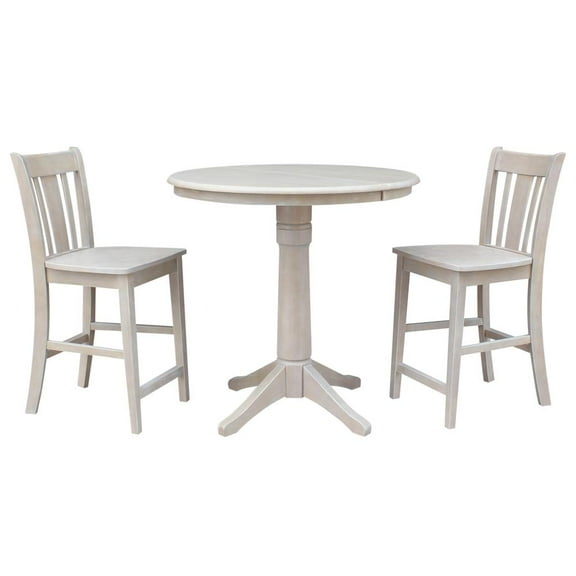 36" Round Counter Height Table with 12" Leaf and 2 San Remo Stools - Washed Gray Taupe - 3 Piece Set