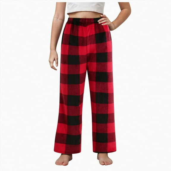 Hessimy Teen Boys And Girls' Plaid Long Pants Pajamas For Family Matching Homewear (Red,10-11 Years)