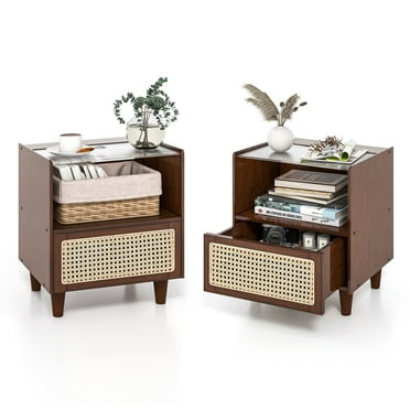 GLINTEX 2 Pieces Bamboo Rattan Nightstand with Drawer and Solid Wood Legs