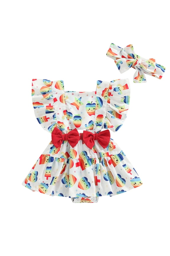 Baby Girl Flying Sleeve Bodysuit Dress Rainbow/Heart Pattern Dress Hem Romper with Bow Headband
