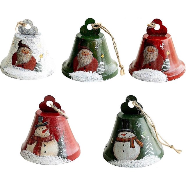 KAIYANG Paquete de 5 campanas navideñas con diseño de muñeco de nieve y Papá Noel (tamaño: 8 x 8 cm)
