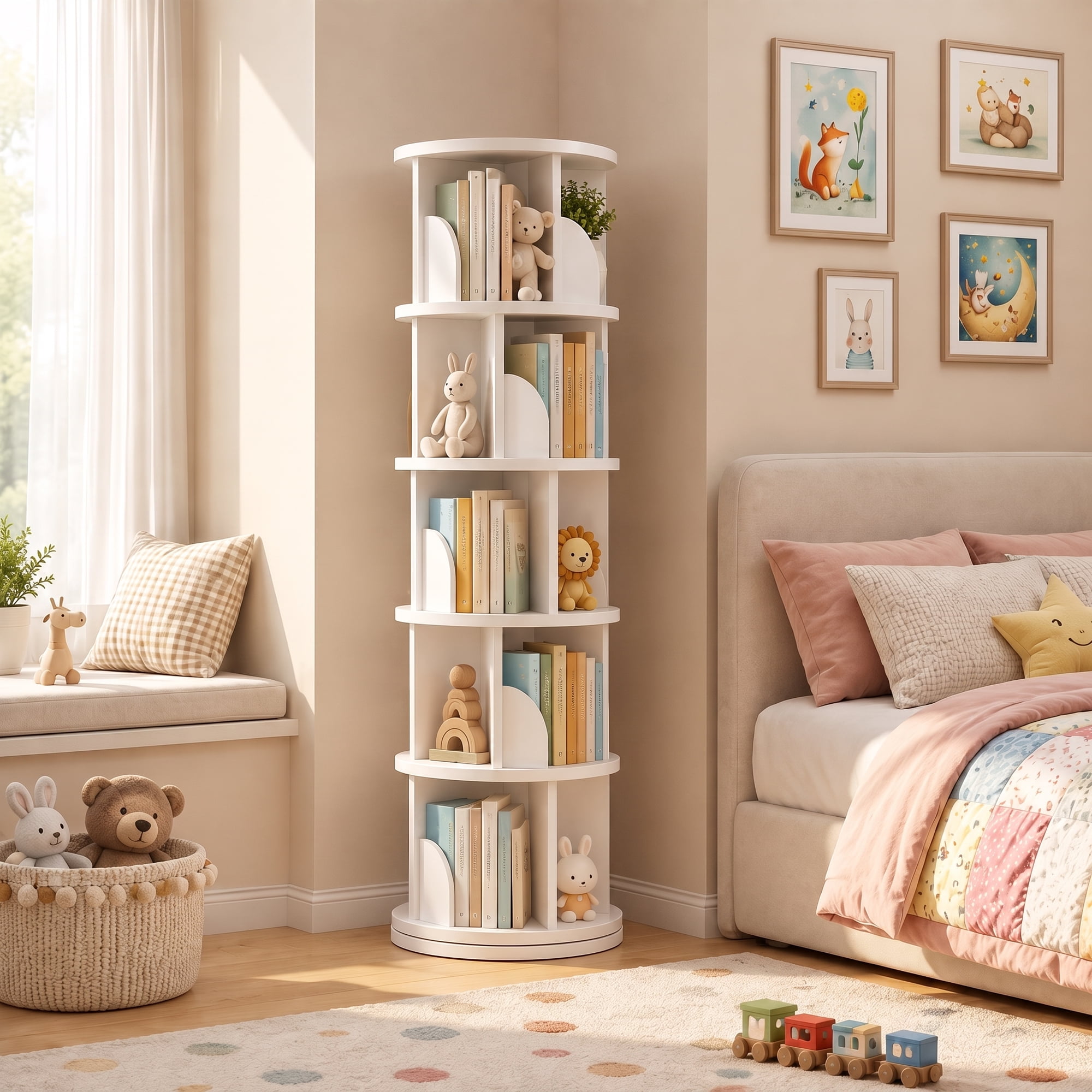 JaxShark 5-Tier Rotating Bookshelf, 360° Spinning Freestanding Bookcase Tower, 62" H Space-Saving Storage Organizer, White