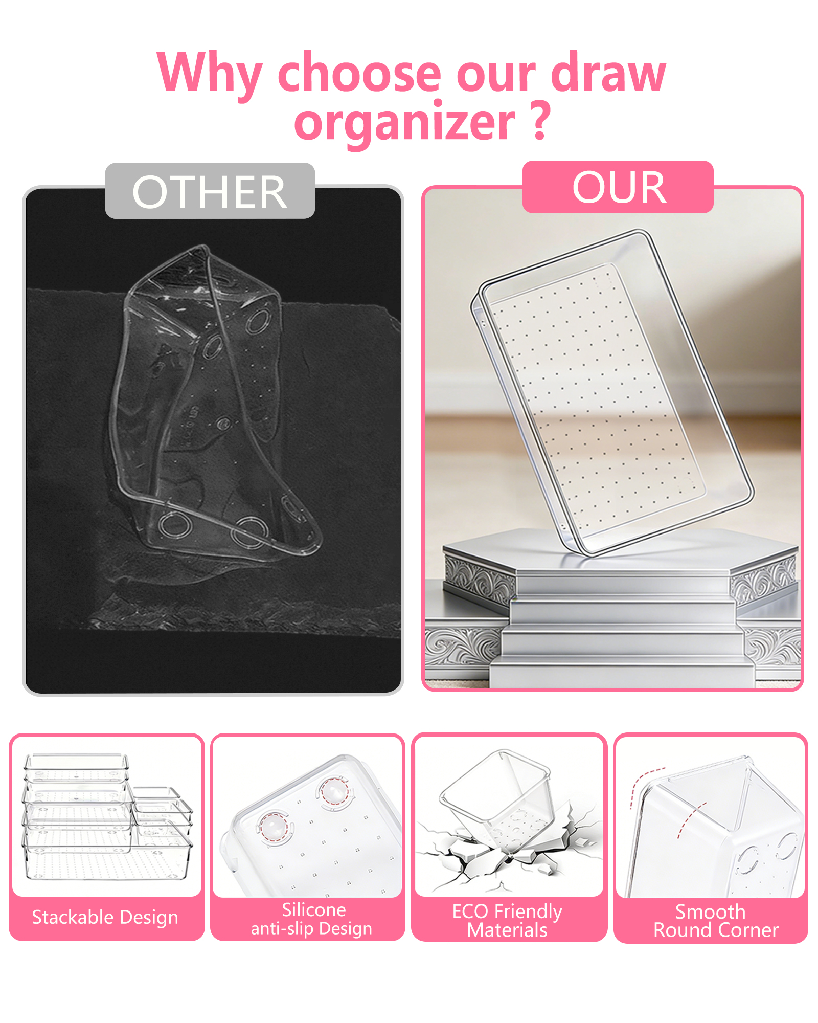 Asnews 13-Piece Plastic Drawer Organizer Set, Clear photo 2
