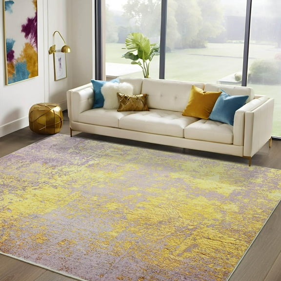 Noahas Washable Wool Abstract Area Rug for Living Room Bedroom ,Upgraded TRP Non-Slip Backing ,Low Pile Indoor Decorative Rug ,Yellow and Pink ,5' x 7'