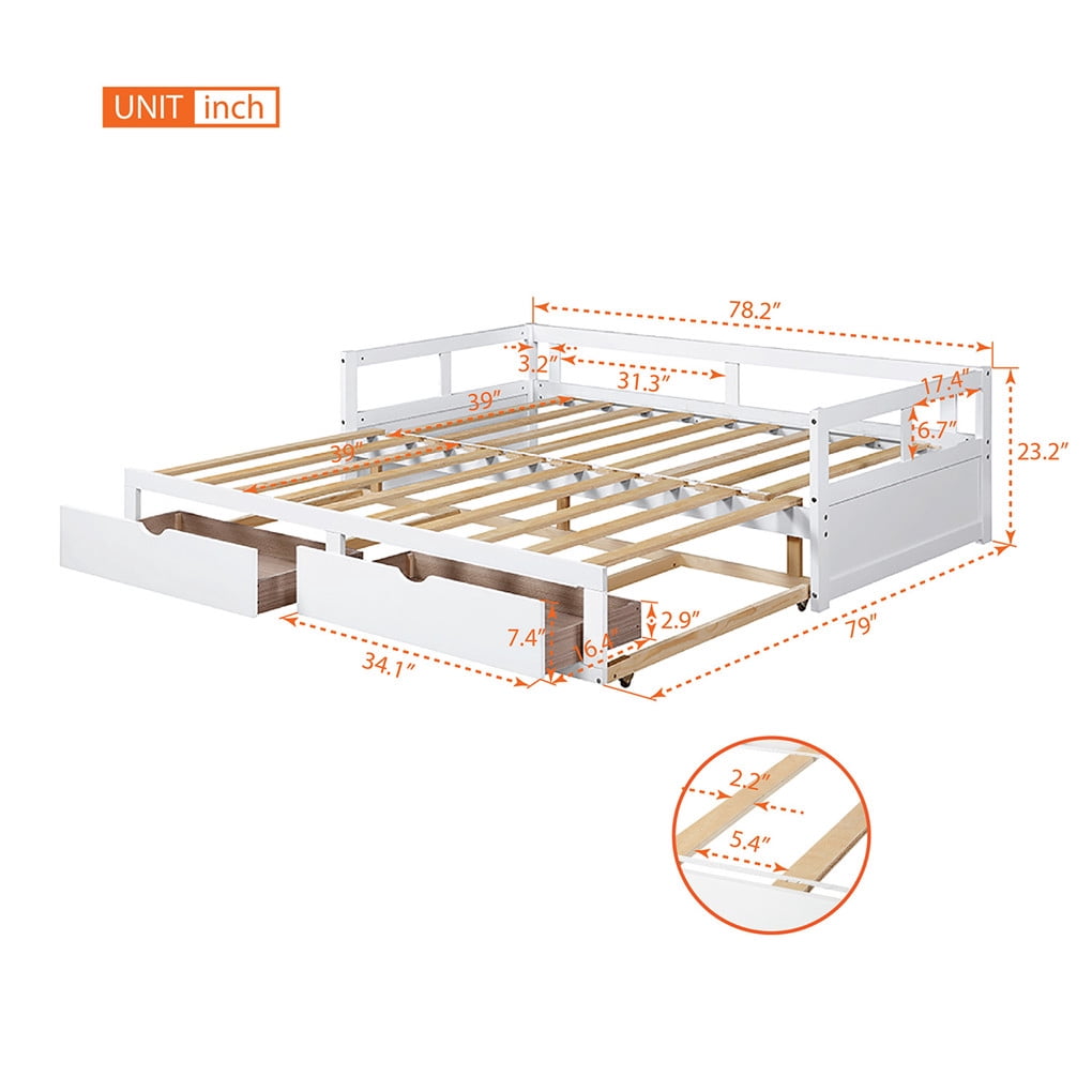 Irene Inevent Wooden Daybed with Trundle Bed and 2 Storage Drawers Extendable Sofa Support Platform for Bedroom Living Room