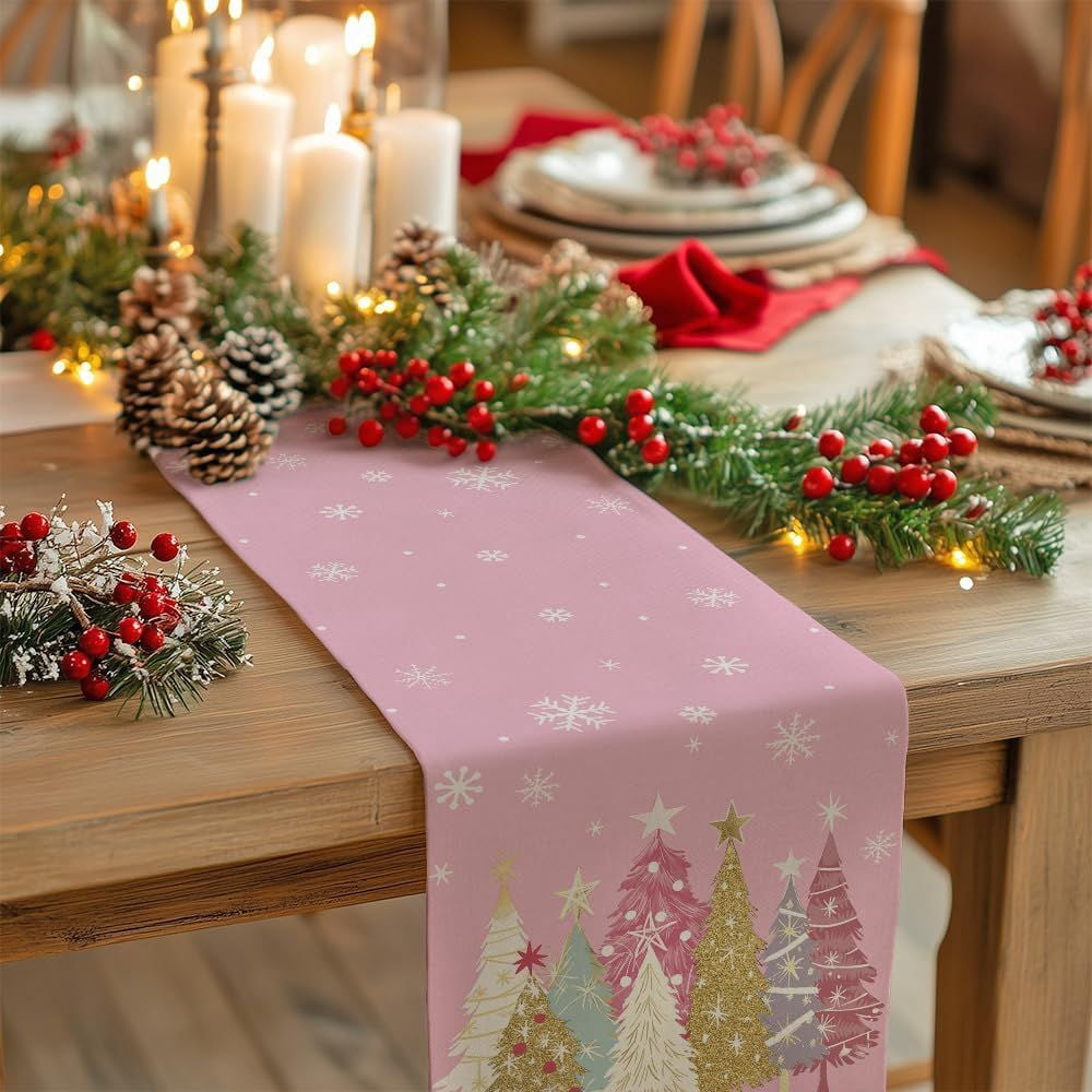 Christmas Table Runner 13x72 Inch, Xmas Trees Snowflakes Winter Holiday Decorative Farmhouse Table Decorations for Kitchen Dinning, Indoor Outdoor Dinner Party Decor