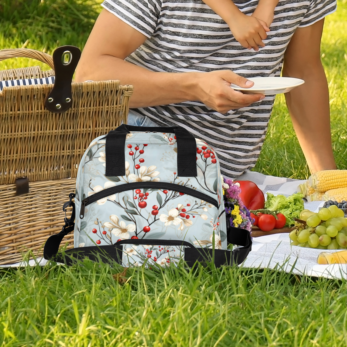 Herdesigns Vintage Flower Insulated Lunch Bag for Women Men Adults Large Reusable Lunch Box Fruit Floral Leakproof Cooler Tote Bags with Adjustable Shoulder Strap