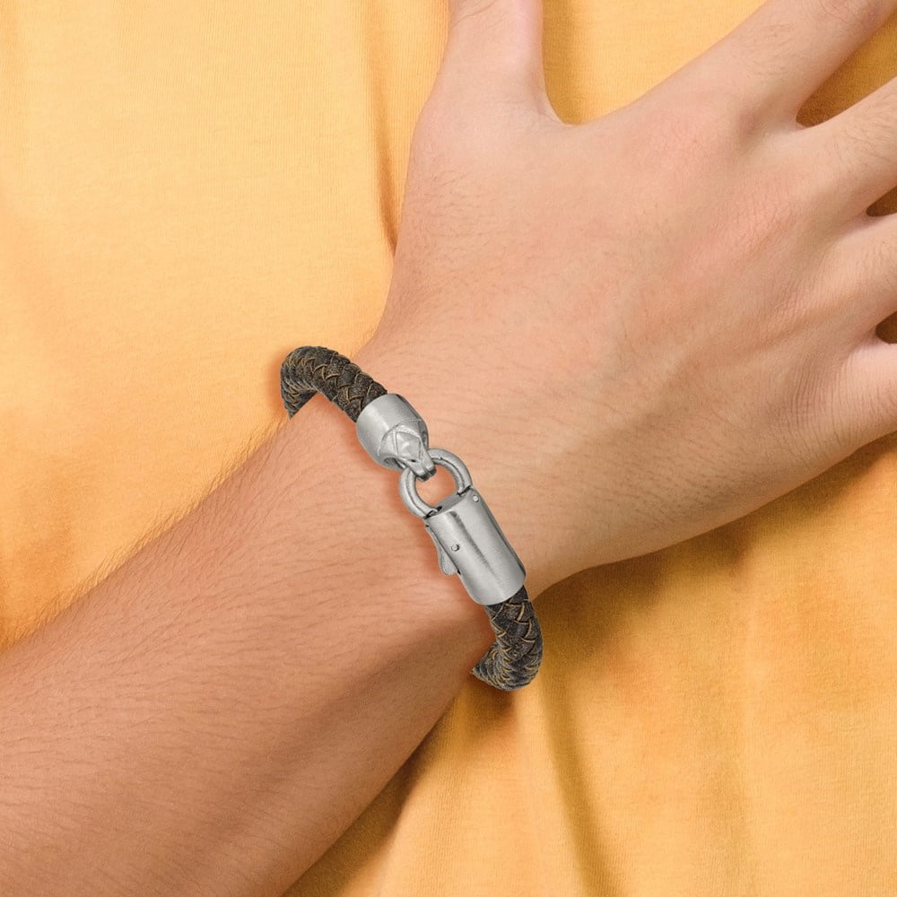 Diamond2Deal Stainless Steel Brushed Brown Braided Leather Bracelet for Men 8.25"