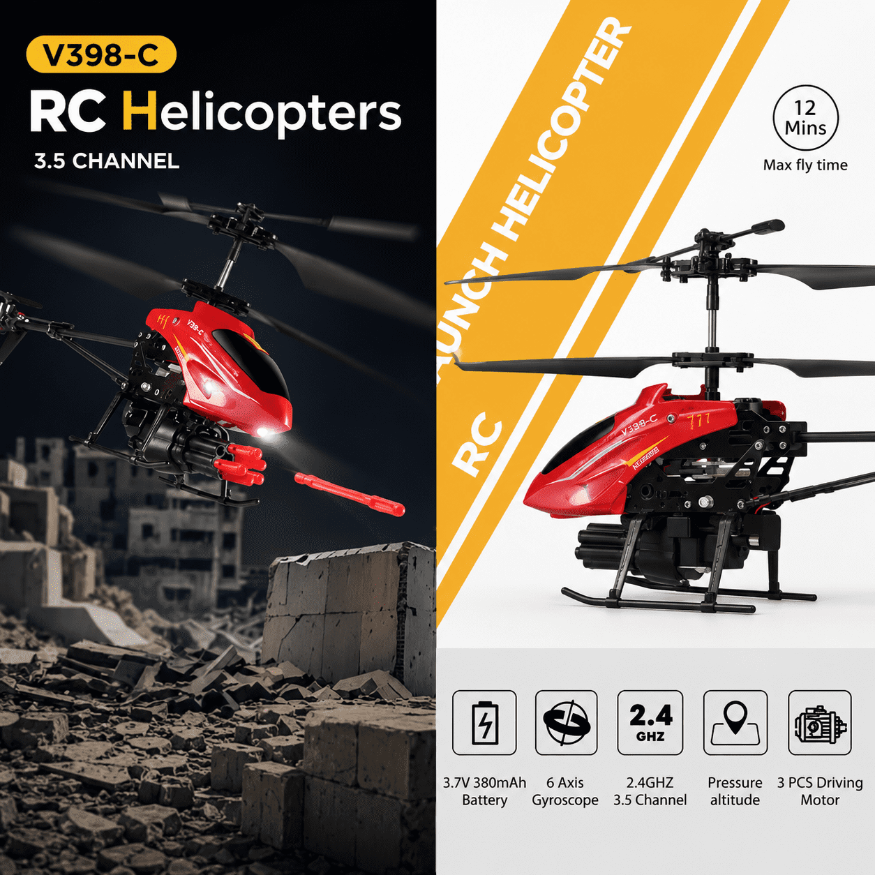 Bruce&Shark RC Helicopter, WLtoys V398-C Remote Control Helicopter, 4 Channel RC Aircraft with 6-Axis Gyro, One Key Take Off/Landing, Easy to Fly for Kids and Beginners