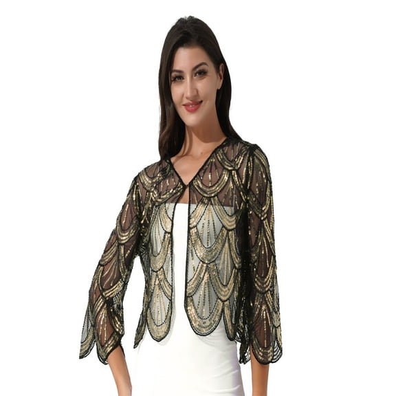 YiZYiF Womens Sequins Lace Hollow Cardigan Wedding Party Bolero Shrug