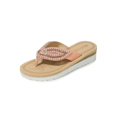 

Tenmix Womens Wedge Sandals Slip On Flip-flops Beach Platform Sandal Ethnic Slide Slippers Ladies Fashion Clip Toe Casual Shoes Pink 9