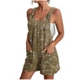 thumbnail image 2 of Women's Casual Rompers Summer Denim Print Short Jumpsuit Loose Adjustable Tie Front Overalls with Pockets, Khaki, XXL, 2 of 2