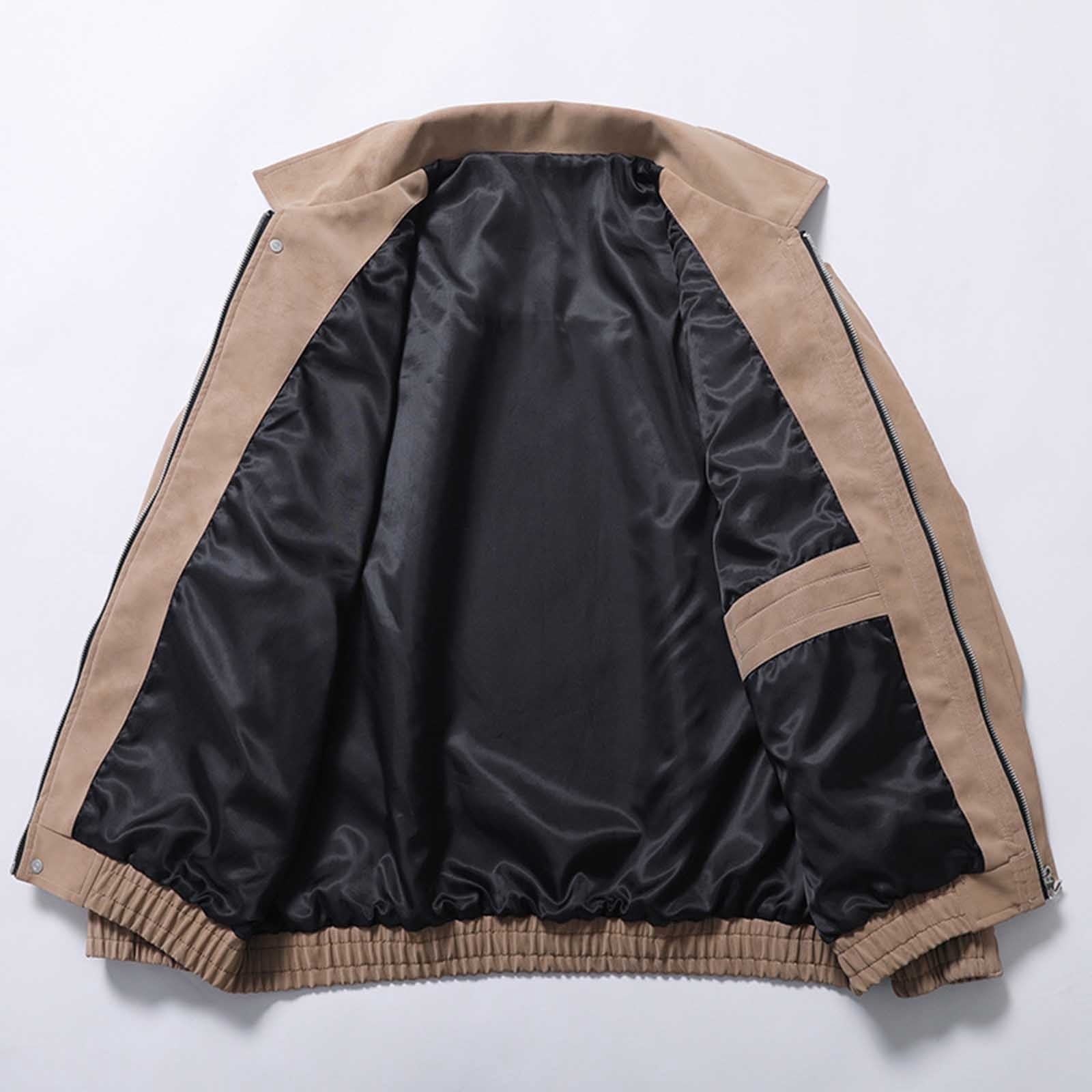 Kakii Men's Suede Bomber Jacket Oversized Retro Streetwear Zip Up Faux Leather Coat with Turn Down Collar