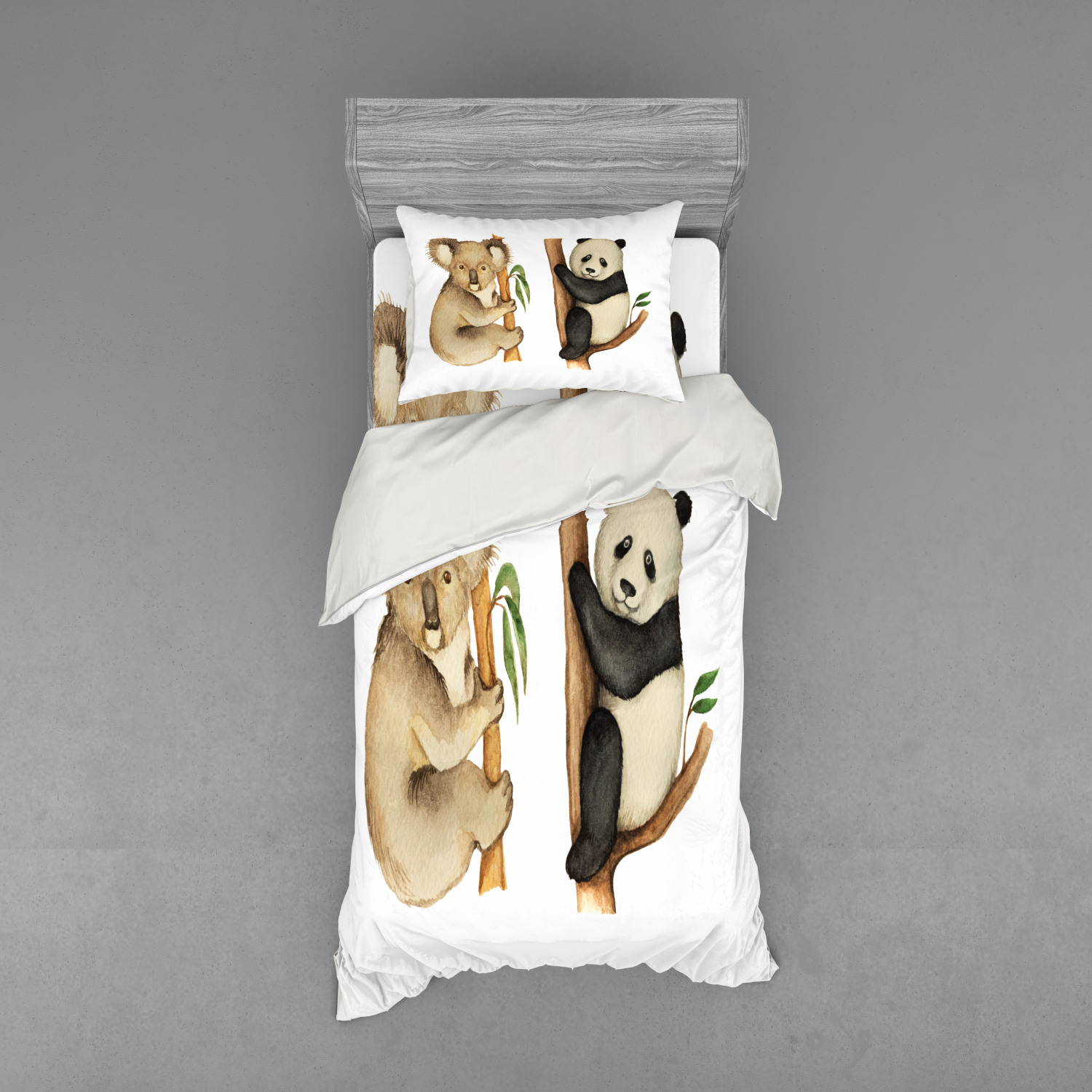 Panda Duvet Cover Set, Koala and Panda Sitting on Trees Wild Life