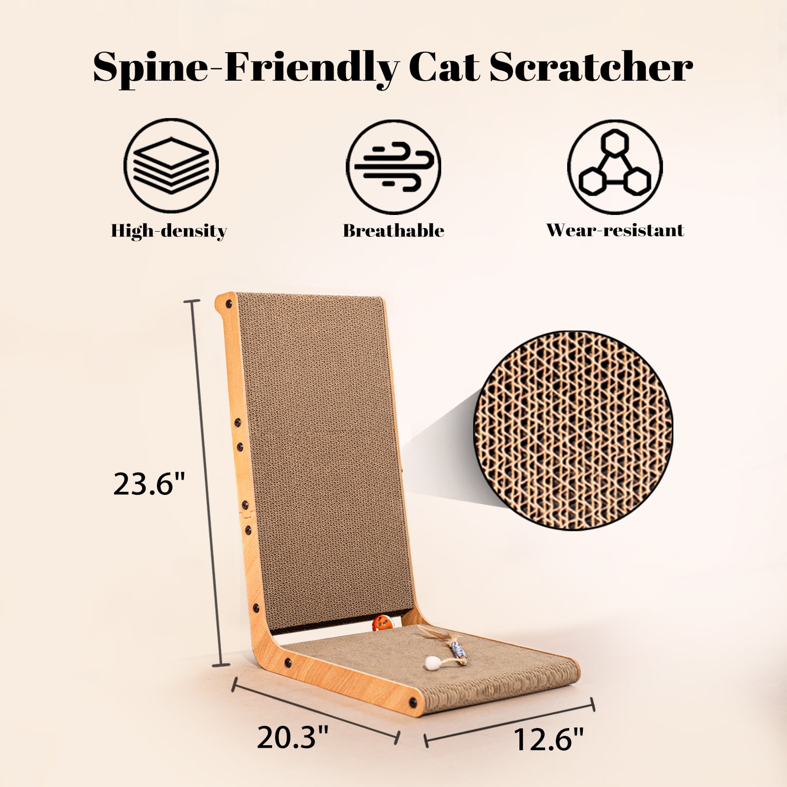 CheerPals Cat Scratcher, 12.6"x20.3"x23.6" L-Shaped Scratching Board，120° Scratch Post with Bell Teaser-wand for Indoor