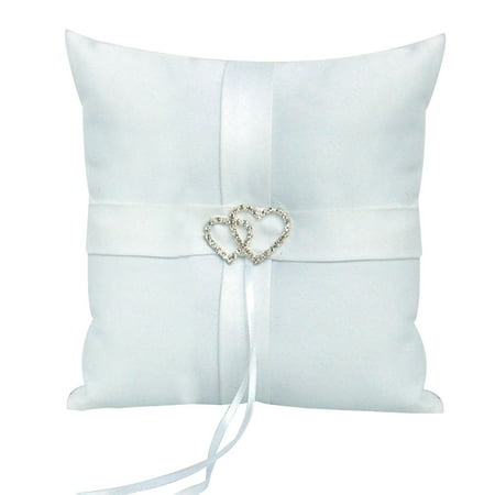 - 10*10cm Sparkling Rhinestones Double Heart Bridal Wedding Ceremony Ring Bearer Pillow with Ribbons (White)