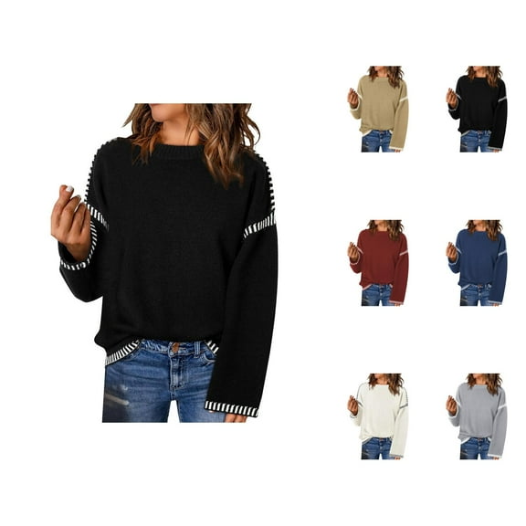 Sweaters for Women 2025 Solid Crewneck Loose Fit Long Sleeve Contrast Cable Knit Jumper Tops Womens Pullover Sweaters