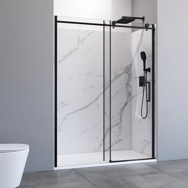 32" x 60" Matte Black Alcove Sliding Shower Kit with 8 mm clear tempered glass sliding doors in a matte black frame, white SMC subway-tile walls with gray veining, and a white stone-textured side-drain shower base featuring aluminum trims and a low-threshold design, suitable for modern bathroom renovations.