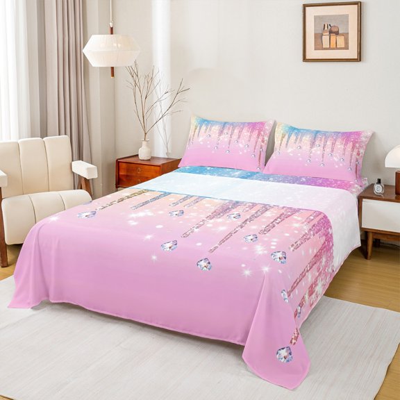 Castle Fairy Bling Crystal 3Pcs Twin Sheet Sets for Teens Women Men,Abstract Gradient Twin Fitted Sheet,Ombre Bling Glitter Breathable Flat Sheet,Luxury Bedroom Decor