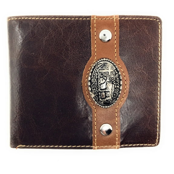 Western Genuine Leather Mens Metal Concho Praying Cowboy Bifold Short Wallet