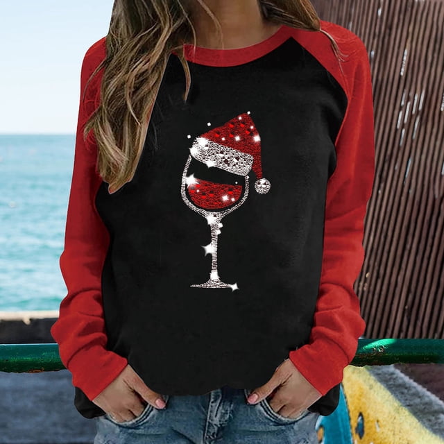 Qertyioot Hauts de Mode pour Femmes, T-Shirt Décontracté à Manches Imprimées de Noël Patchwork de Printemps à Col Rond