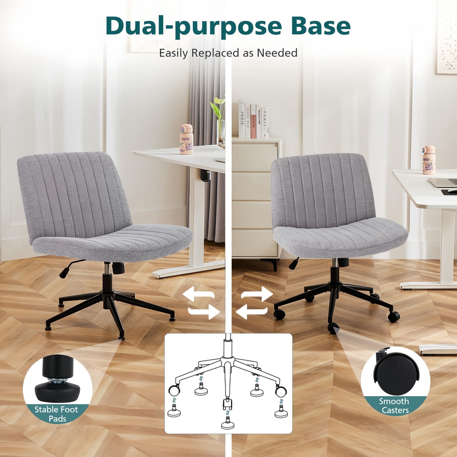 Kelno Armless Criss Cross Office Chair with Wheels 300lb Capacity Wide Seat Cross Legged Desk Chair Height Adjustable Swivel Vanity Chair, Gray Linen