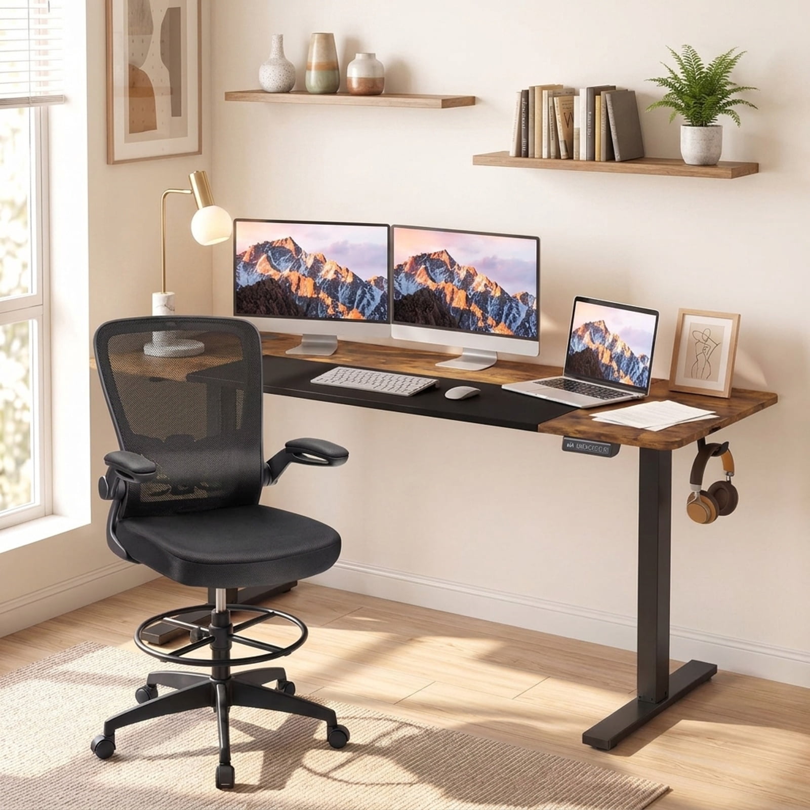 Furnibear 63 x 24 Inch Height Adjustable Sit Stand Computer Desk with 3 Memory Presets for Home Office Study Computer Writing, Rustic Brown