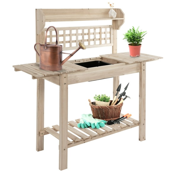 Outsunny Outdoor Potting Bench with Sliding Tabletop, Storage Shelf and Dry Sink, 2-Level Gardening Table, Wooden Workstation for Greenhouse, Garden, Patio, Natural