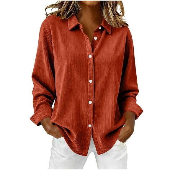 Womens Solid Corduroy Fall Shirt Button Down Collar Plus Size Shacket Retro Long Sleeve Tunic Dressy 2026 Casual Work Jackets