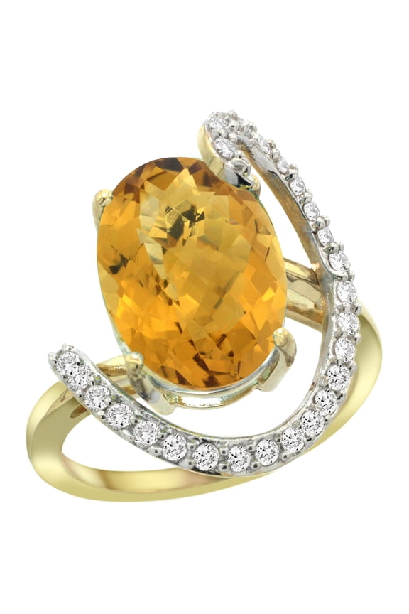 14k Yellow Gold Natural Whisky Quartz Ring Oval 14x10 Diamond Accent, 3/4inch wide, size 9.5